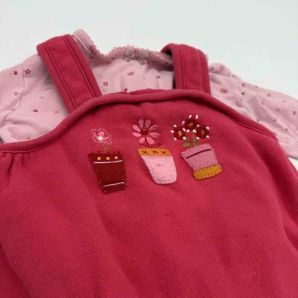 Vtg Carter's 12 Month Pink Overalls Y2K Jumpsuit Springtime Flowers 2 Piece Set